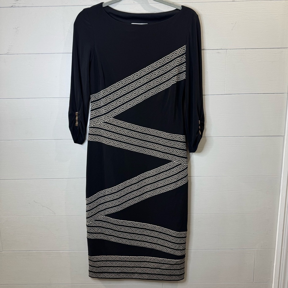 Joseph Ribkoff | Women's Black Dress with Cream Geometric Design Size 6